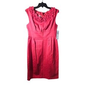 London Style Collection Watermelon Pink Ruffle Neck Sheath Dress J8290 Size 10